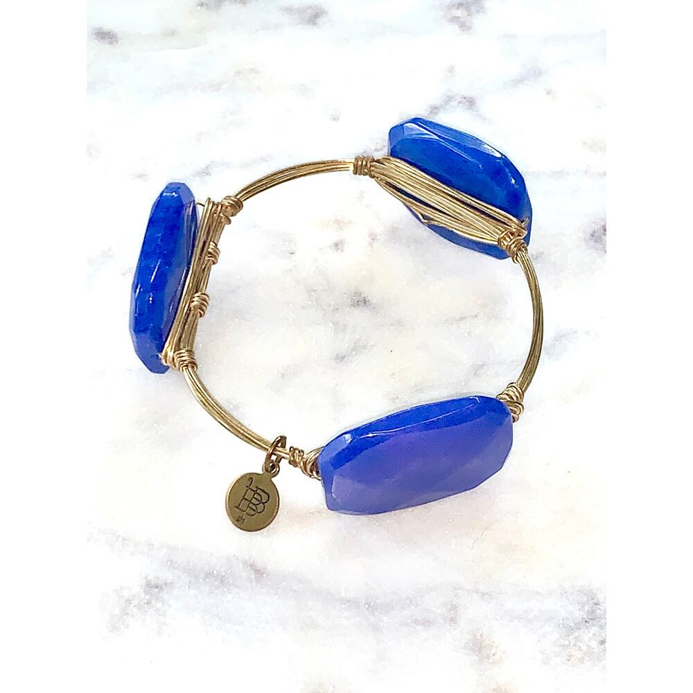 Bourbon and Bowties Gold Tone Wire Blue Stone Bangle Bracelet